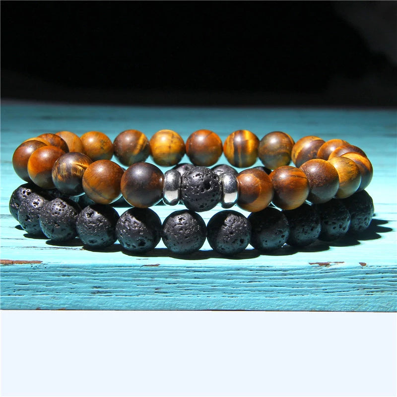 Men Bracelet Natural Stone Tiger Eye Lava Bead Bracelet