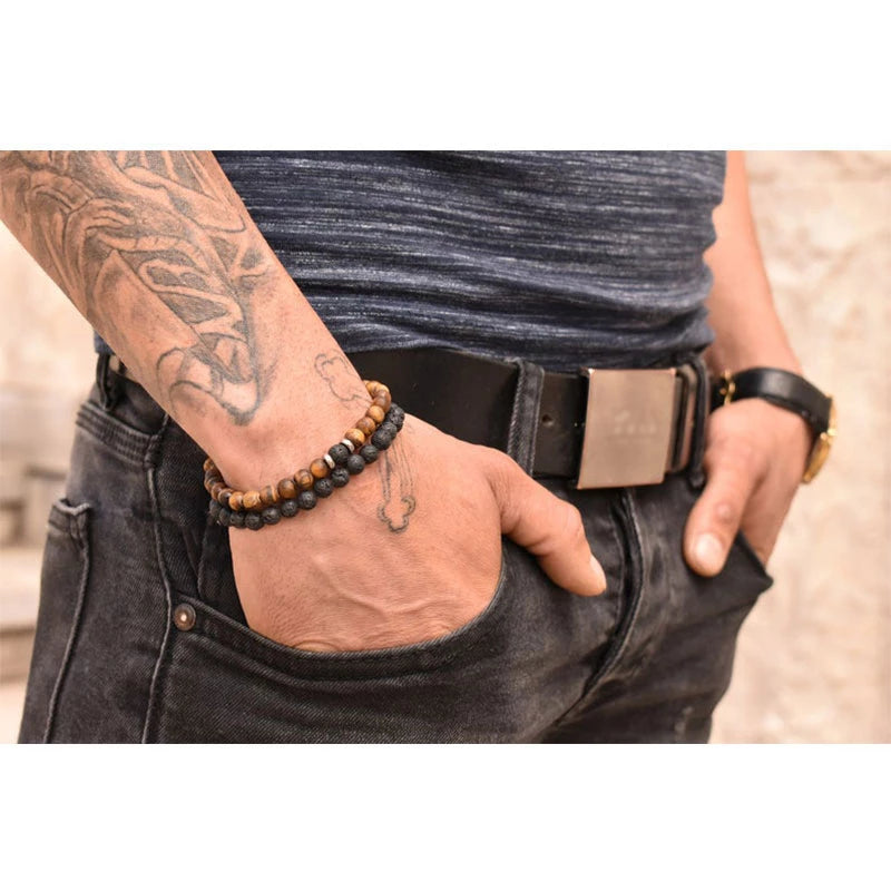 Men Bracelet Natural Stone Tiger Eye Lava Bead Bracelet